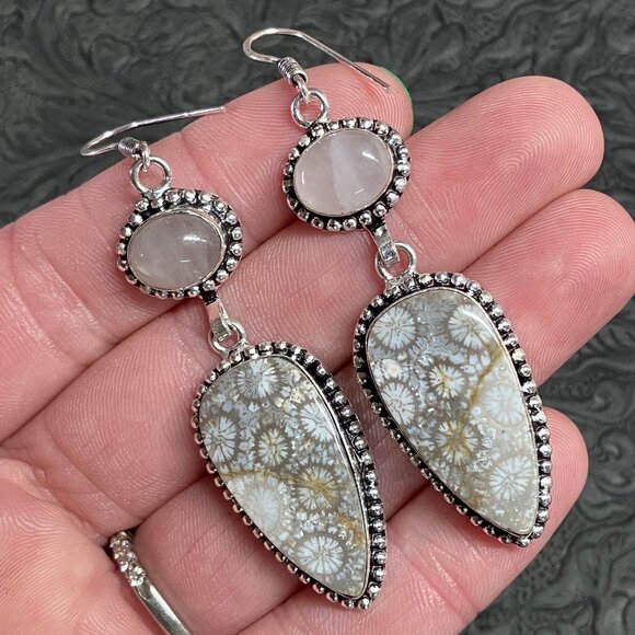 Rose Quartz and Coral Fossil Earrings Stone Crystal Jewelry - Picture 3 of 6